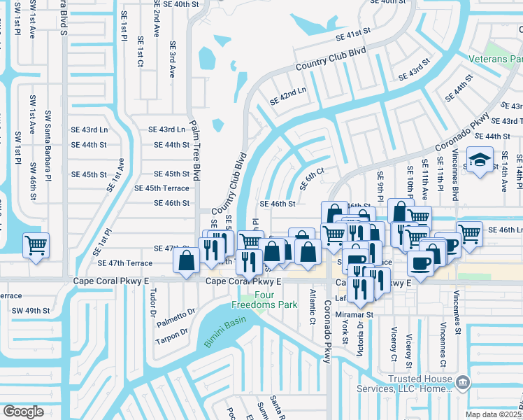 map of restaurants, bars, coffee shops, grocery stores, and more near 4604 Southeast 6th Avenue in Cape Coral