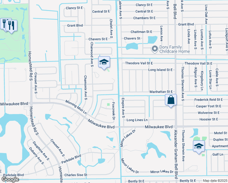 map of restaurants, bars, coffee shops, grocery stores, and more near 696 Manhattan Street East in Lehigh Acres