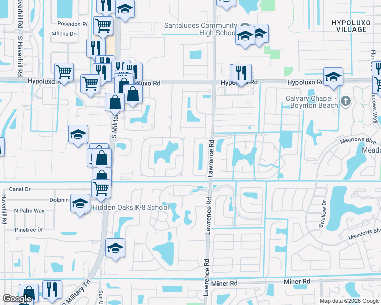 map of restaurants, bars, coffee shops, grocery stores, and more near 1043 Grove Park Circle in Boynton Beach