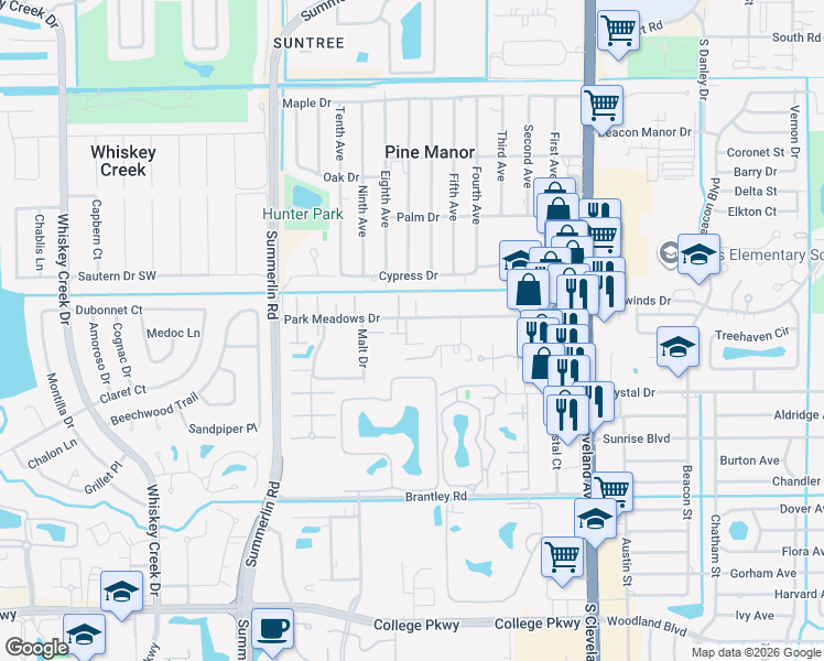 map of restaurants, bars, coffee shops, grocery stores, and more near 1712 Park Meadows Drive in Fort Myers