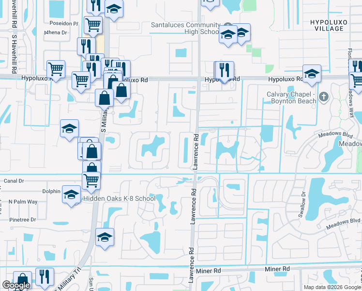 map of restaurants, bars, coffee shops, grocery stores, and more near 7392 Willow Springs Circle South in Boynton Beach