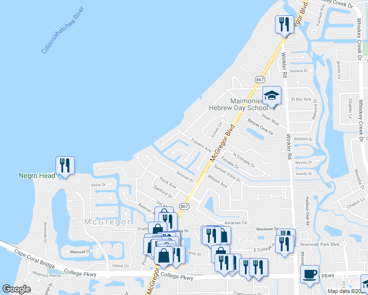 map of restaurants, bars, coffee shops, grocery stores, and more near 633 Sunnyside Court in Fort Myers