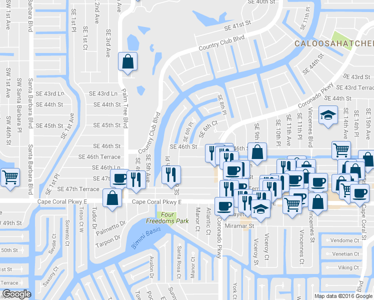 map of restaurants, bars, coffee shops, grocery stores, and more near 4604 Southeast 6th Avenue in Cape Coral