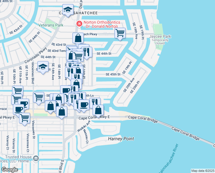 map of restaurants, bars, coffee shops, grocery stores, and more near 1736 Southeast 46th Street in Cape Coral