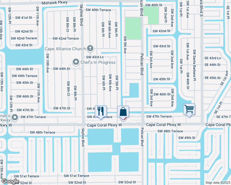map of restaurants, bars, coffee shops, grocery stores, and more near 4541 Southwest 5th Place in Cape Coral