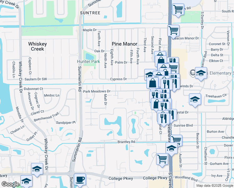 map of restaurants, bars, coffee shops, grocery stores, and more near 1706 Park Meadows Drive in Fort Myers
