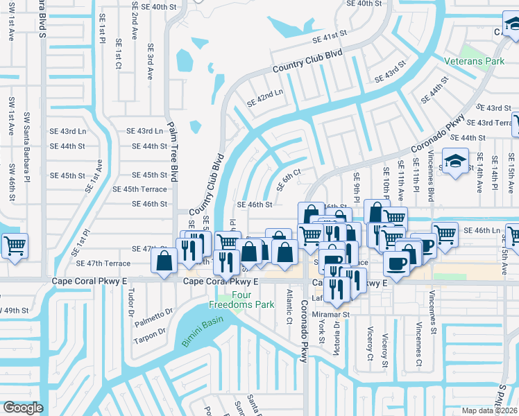 map of restaurants, bars, coffee shops, grocery stores, and more near 4604 Southeast 6th Avenue in Cape Coral