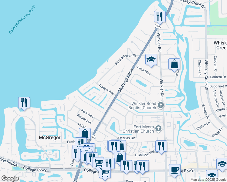 map of restaurants, bars, coffee shops, grocery stores, and more near 650 Travers Avenue in Fort Myers