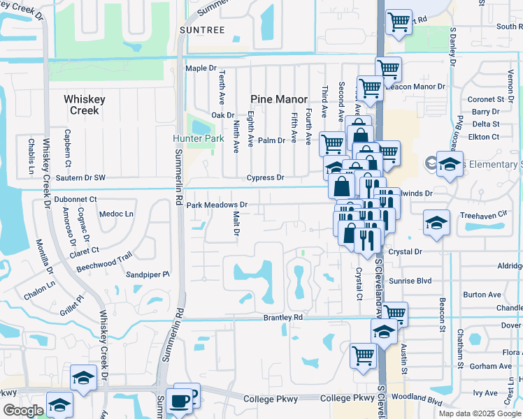map of restaurants, bars, coffee shops, grocery stores, and more near 1712 Park Meadows Drive in Fort Myers