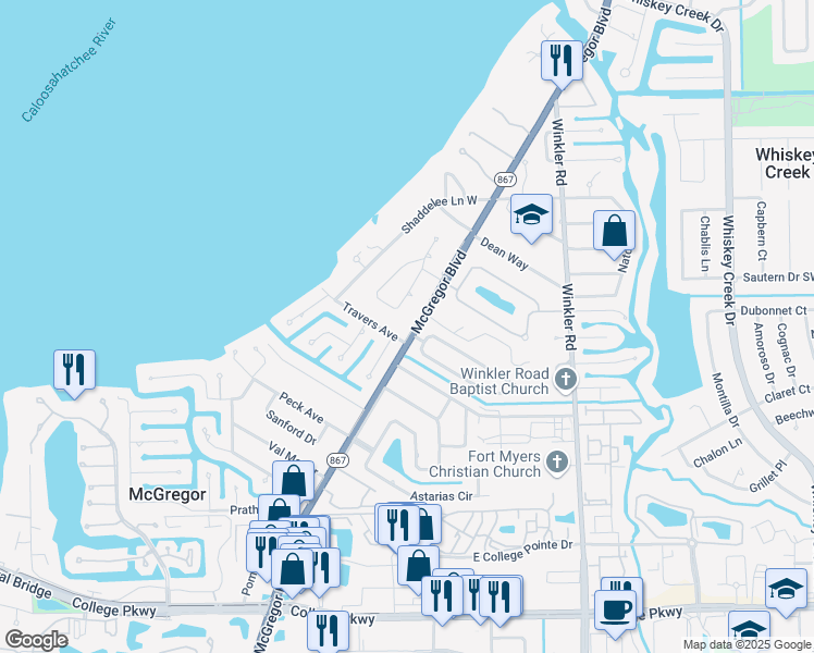 map of restaurants, bars, coffee shops, grocery stores, and more near 12151 McGregor Boulevard in Fort Myers