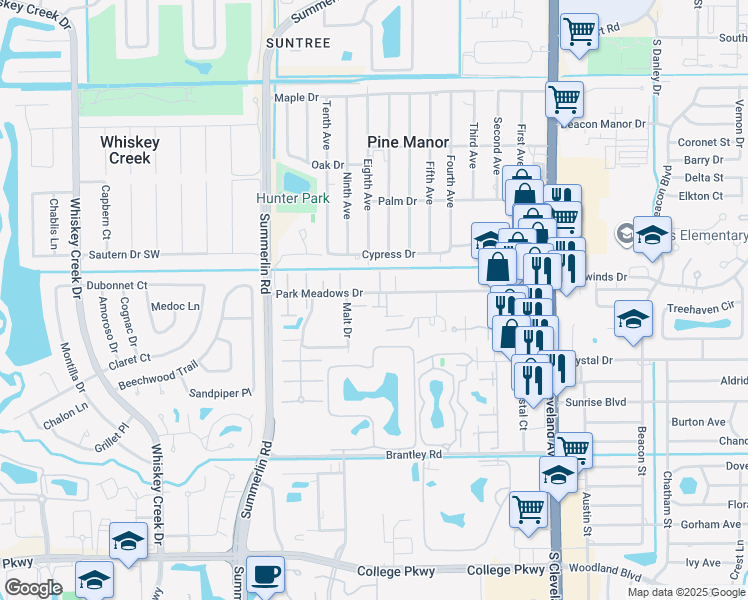map of restaurants, bars, coffee shops, grocery stores, and more near 1700 Park Meadows Drive in Fort Myers