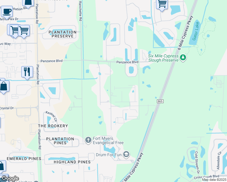 map of restaurants, bars, coffee shops, grocery stores, and more near 7035 Mistral Way in Fort Myers