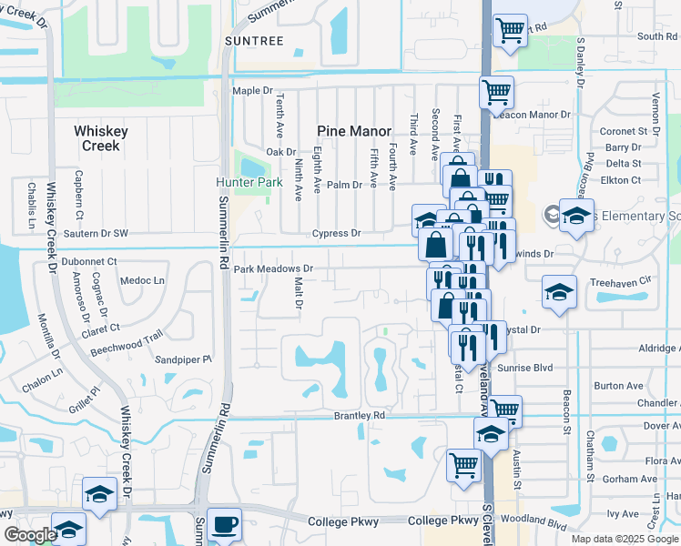 map of restaurants, bars, coffee shops, grocery stores, and more near 1712 Park Meadows Drive in Fort Myers