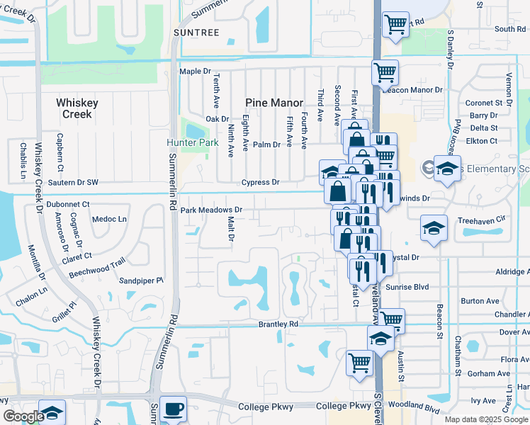 map of restaurants, bars, coffee shops, grocery stores, and more near 1712 Park Meadows Drive in Fort Myers