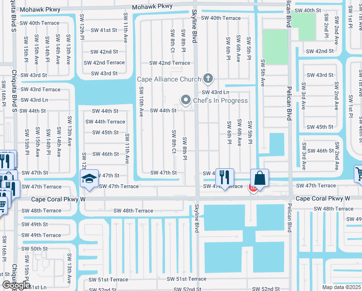map of restaurants, bars, coffee shops, grocery stores, and more near 4535 Southwest 8th Place in Cape Coral