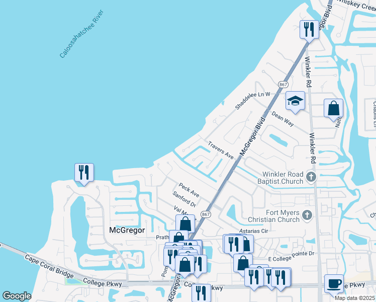 map of restaurants, bars, coffee shops, grocery stores, and more near 607 Sunnyside Court in Fort Myers