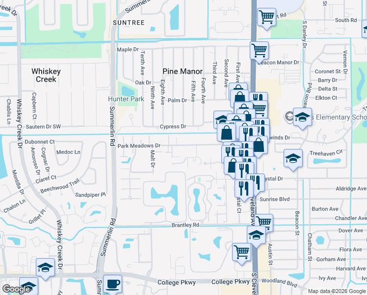 map of restaurants, bars, coffee shops, grocery stores, and more near 1720 Park Meadows Drive in Fort Myers