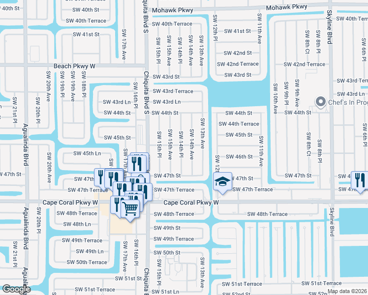 map of restaurants, bars, coffee shops, grocery stores, and more near 4539 Southwest 14th Place in Cape Coral