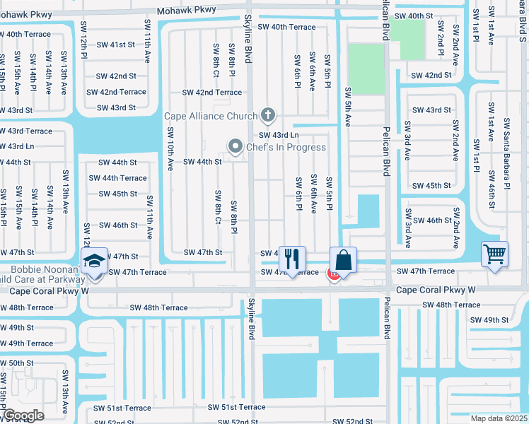 map of restaurants, bars, coffee shops, grocery stores, and more near 717 Southwest 46th Street in Cape Coral