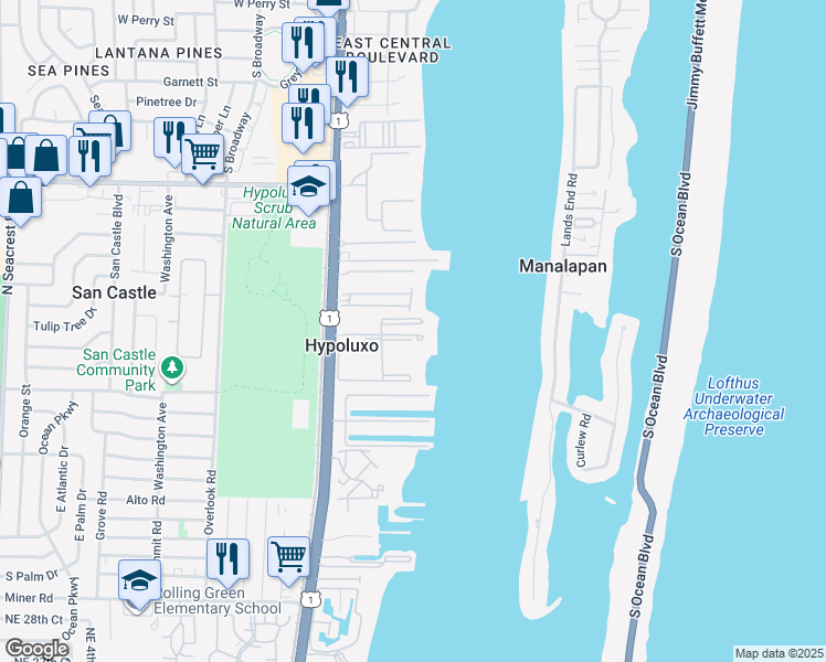 map of restaurants, bars, coffee shops, grocery stores, and more near 177 Yacht Club Way in Hypoluxo