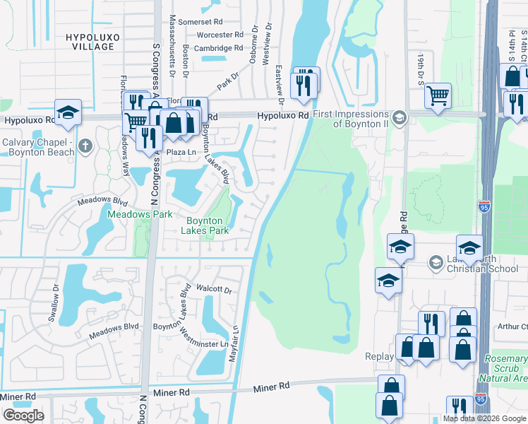 map of restaurants, bars, coffee shops, grocery stores, and more near 32 Hastings Lane in Boynton Beach