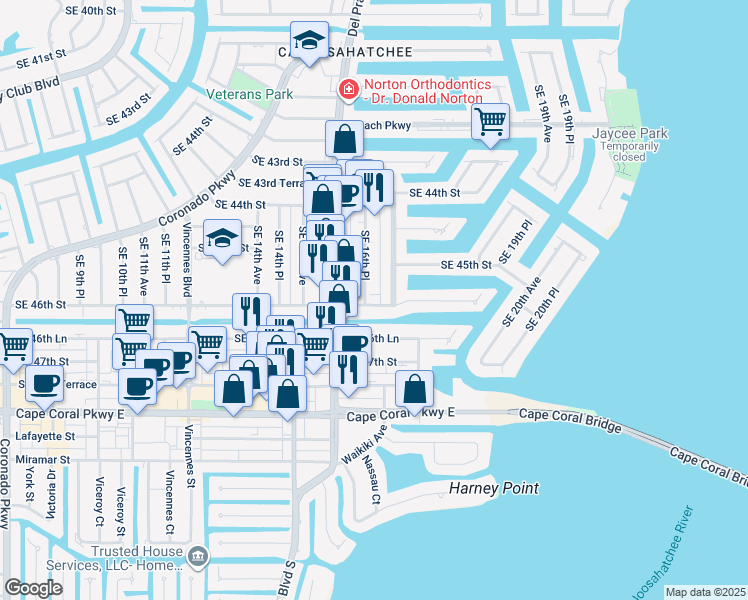 map of restaurants, bars, coffee shops, grocery stores, and more near 1626 Southeast 46th Street in Cape Coral