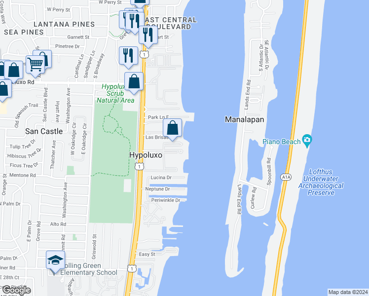 map of restaurants, bars, coffee shops, grocery stores, and more near 177 Yacht Club Way in Hypoluxo