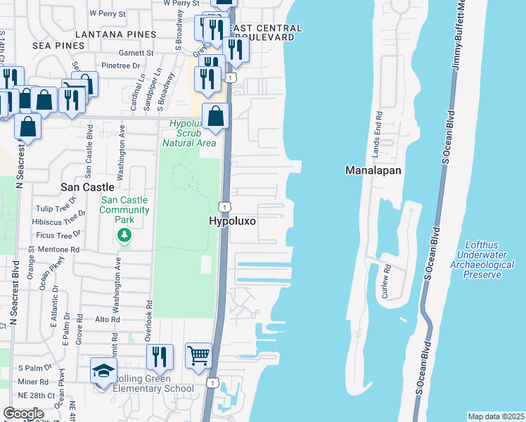 map of restaurants, bars, coffee shops, grocery stores, and more near 192 Yacht Club Way in Hypoluxo