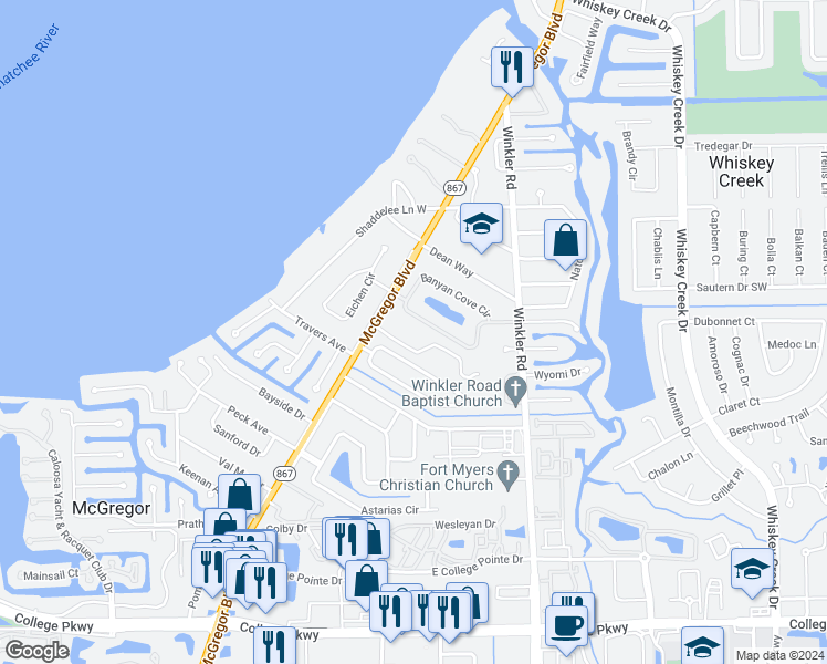 map of restaurants, bars, coffee shops, grocery stores, and more near 815 Entrada Drive North in Fort Myers
