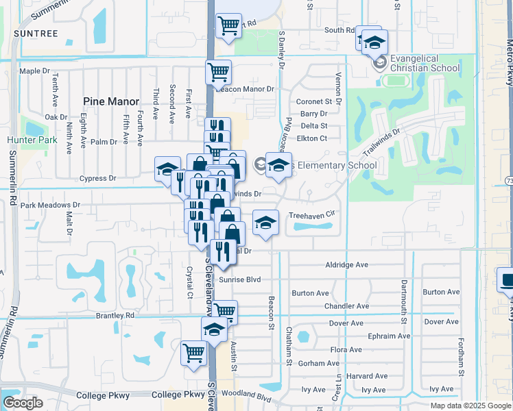 map of restaurants, bars, coffee shops, grocery stores, and more near 2100 Barkeley Lane in Fort Myers