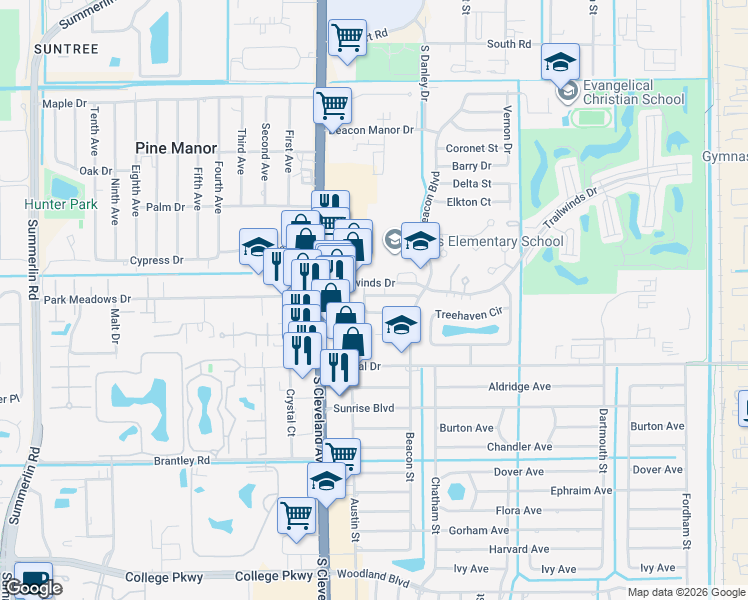 map of restaurants, bars, coffee shops, grocery stores, and more near 5196 Leeds Road in Fort Myers