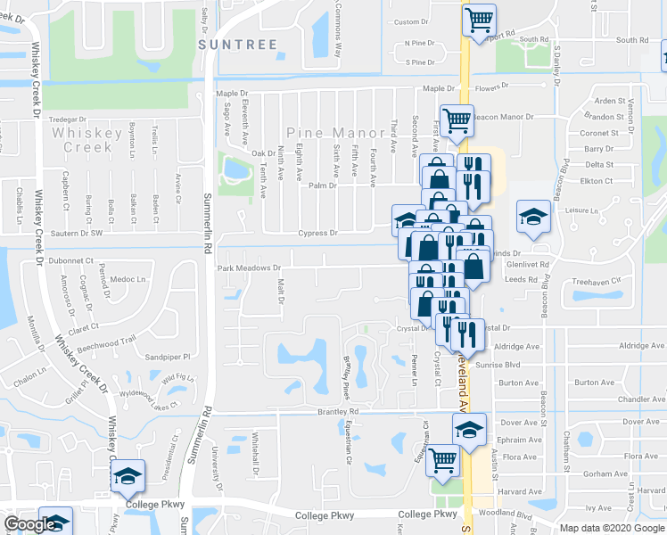 map of restaurants, bars, coffee shops, grocery stores, and more near 1842 Park Meadows Drive in Fort Myers