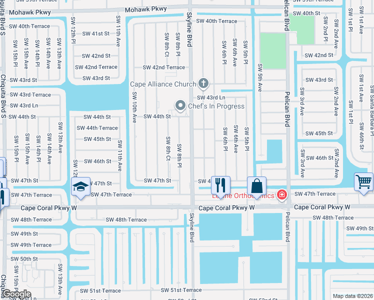 map of restaurants, bars, coffee shops, grocery stores, and more near 4535 Southwest 8th Place in Cape Coral