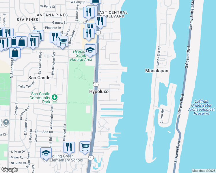 map of restaurants, bars, coffee shops, grocery stores, and more near 192 Yacht Club Way in Hypoluxo