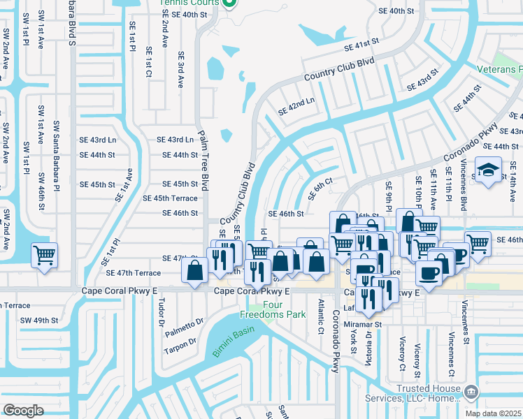 map of restaurants, bars, coffee shops, grocery stores, and more near 4610 Southeast 5th Place in Cape Coral