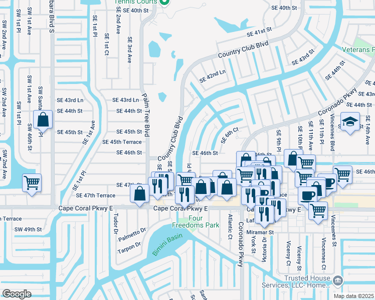 map of restaurants, bars, coffee shops, grocery stores, and more near 4610 Southeast 5th Place in Cape Coral