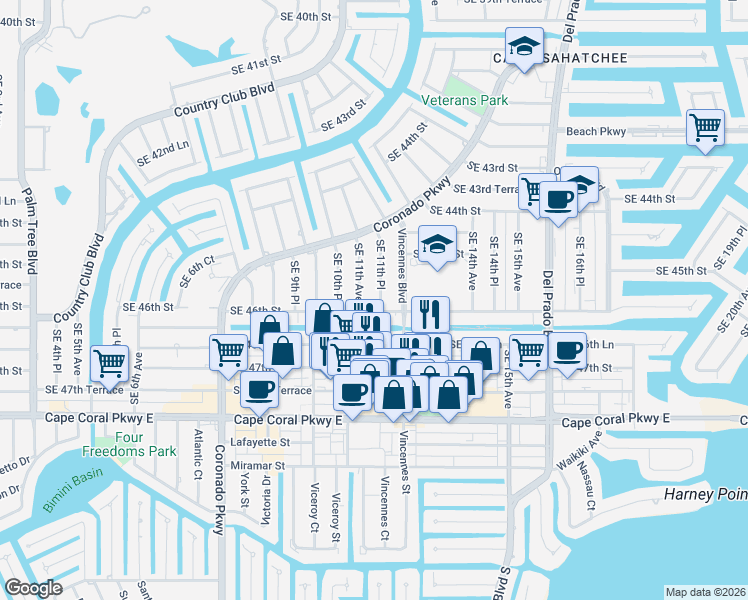 map of restaurants, bars, coffee shops, grocery stores, and more near 1114 Southeast 46th Street in Cape Coral