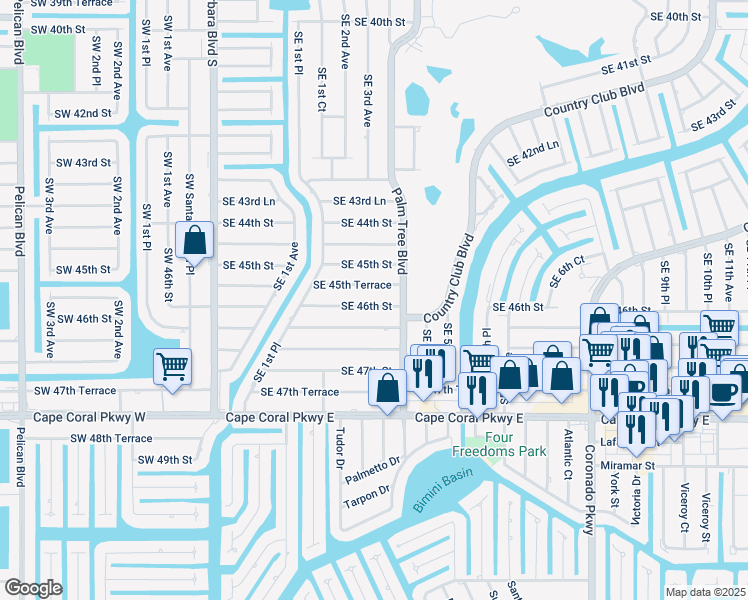 map of restaurants, bars, coffee shops, grocery stores, and more near 257 Southeast 46th Terrace in Cape Coral