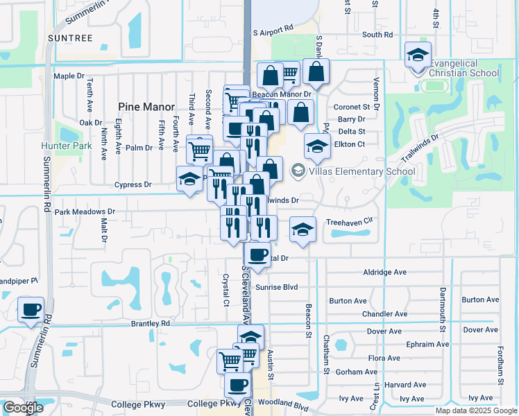 map of restaurants, bars, coffee shops, grocery stores, and more near 11999 South Cleveland Avenue in Fort Myers