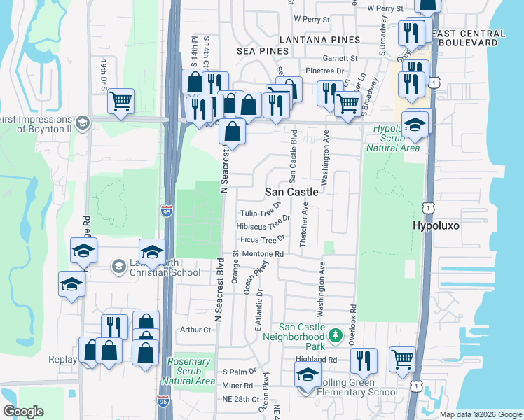 map of restaurants, bars, coffee shops, grocery stores, and more near 291 Tulip Tree Drive in Lantana