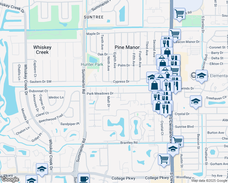 map of restaurants, bars, coffee shops, grocery stores, and more near 1653 Park Meadows Drive in Fort Myers