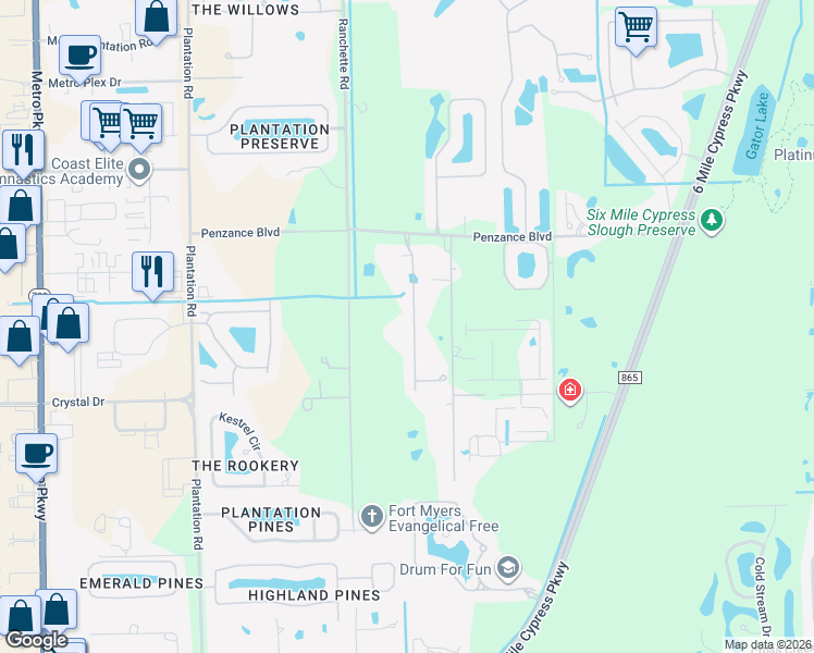 map of restaurants, bars, coffee shops, grocery stores, and more near 11659 Solano Drive in Fort Myers