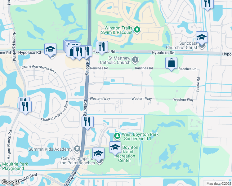 map of restaurants, bars, coffee shops, grocery stores, and more near 6489 Vireo Court in Lake Worth