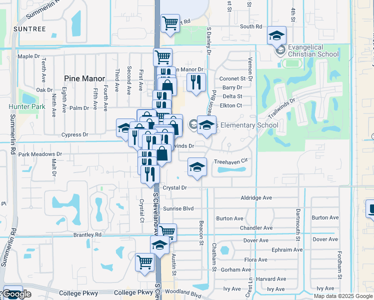 map of restaurants, bars, coffee shops, grocery stores, and more near 1981 Trailwinds Drive in Fort Myers