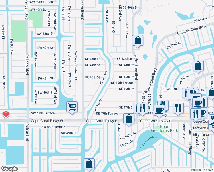 map of restaurants, bars, coffee shops, grocery stores, and more near 4516 Southeast 1st Place in Cape Coral