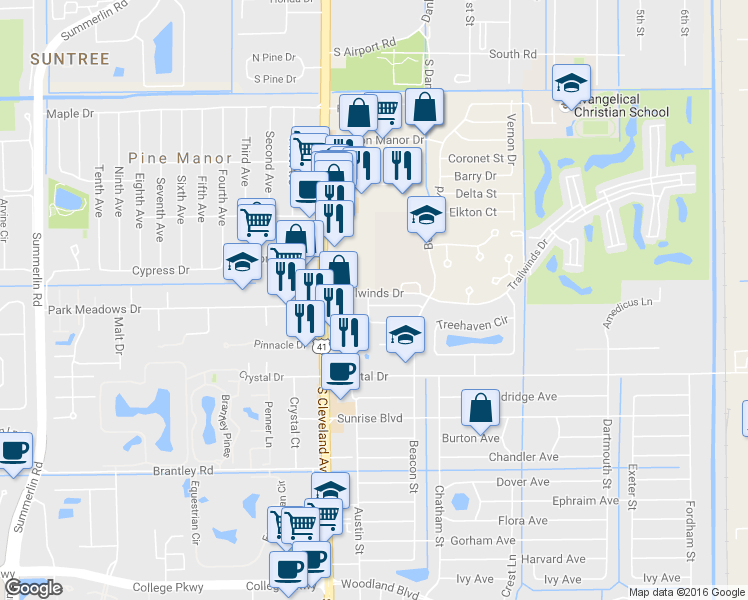 map of restaurants, bars, coffee shops, grocery stores, and more near 1900 Trailwinds Drive in Fort Myers