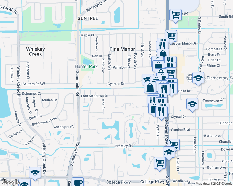 map of restaurants, bars, coffee shops, grocery stores, and more near 1707 Park Meadows Drive in Fort Myers