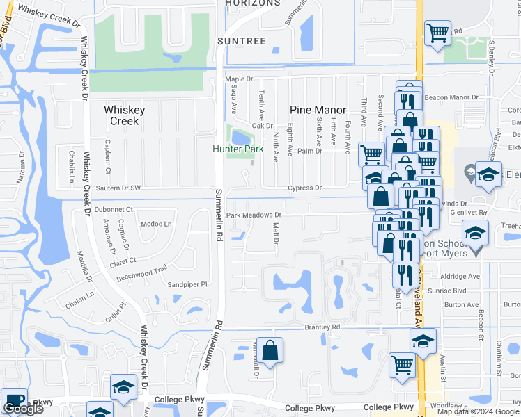 map of restaurants, bars, coffee shops, grocery stores, and more near 1555 Park Meadows Drive in Fort Myers