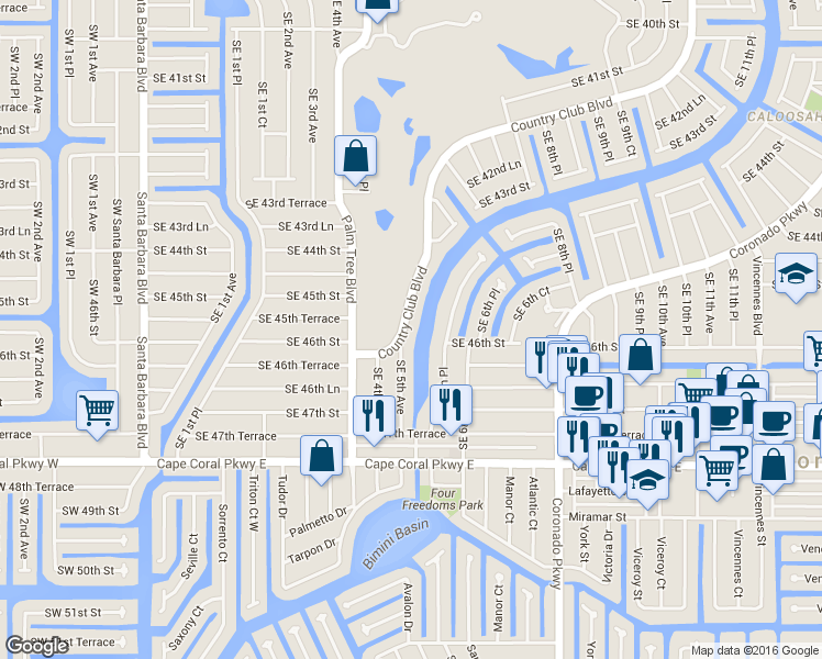 map of restaurants, bars, coffee shops, grocery stores, and more near 4554 Southeast 5th Place in Cape Coral
