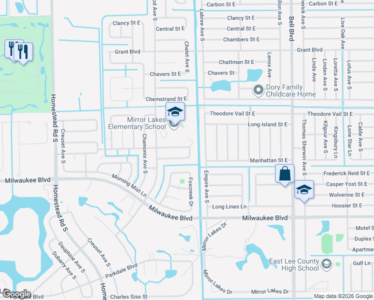 map of restaurants, bars, coffee shops, grocery stores, and more near 696 Kingsbury Street East in Lehigh Acres